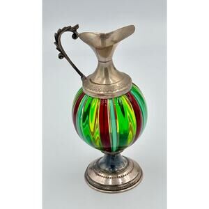Italian Handblown Murano Art Glass and Silver Oggetti Colorful Mini Pitcher